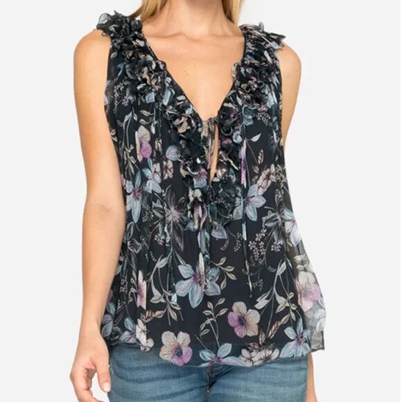 Johnny Was Silk Travis Ruffle Sleeveless Floral Blouse - Picture 1 of 8